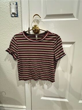Striped Ruffle-Edge Crop Tee in Multi-Color. Y2K, vintage, retro